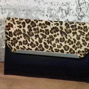 Silpada Italian Leather Retired Clutch / Bag - Black & Gold with Leopard Print